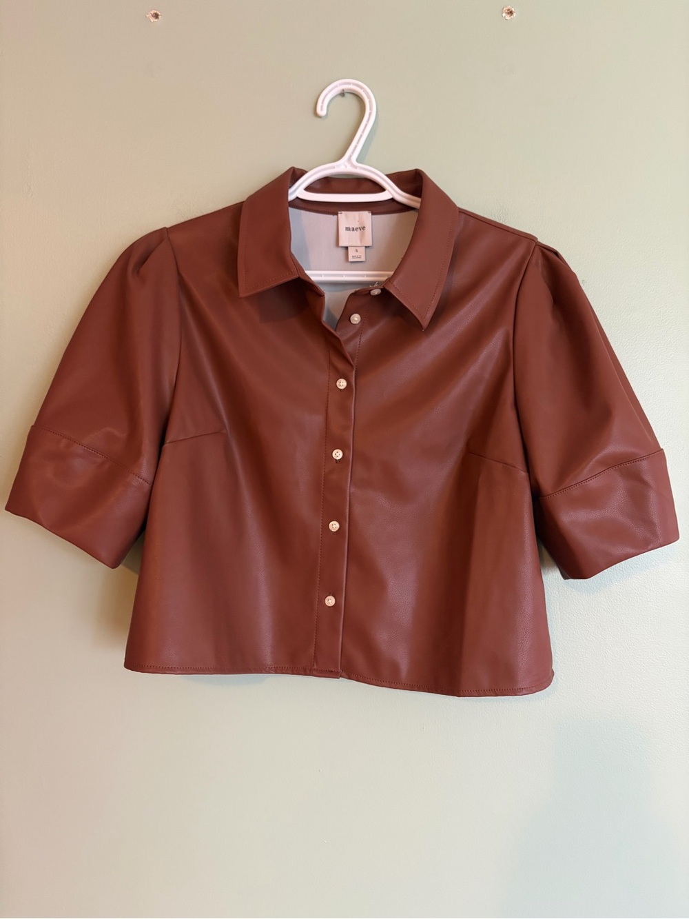 Maeve Anthropologie Faux Leather Shirt S Brown Cropped Puff Sleeve Gorpcore Y2K